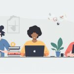 flat illustration of students studying with laptops, modern education concept, artificial intelligence learning, clean minimal style, soft colors, no text, no logo