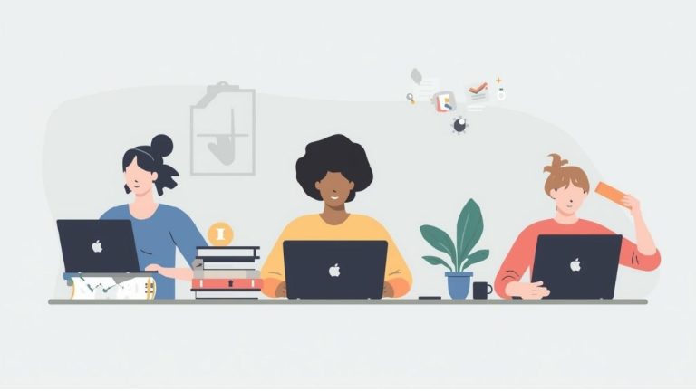 flat illustration of students studying with laptops, modern education concept, artificial intelligence learning, clean minimal style, soft colors, no text, no logo
